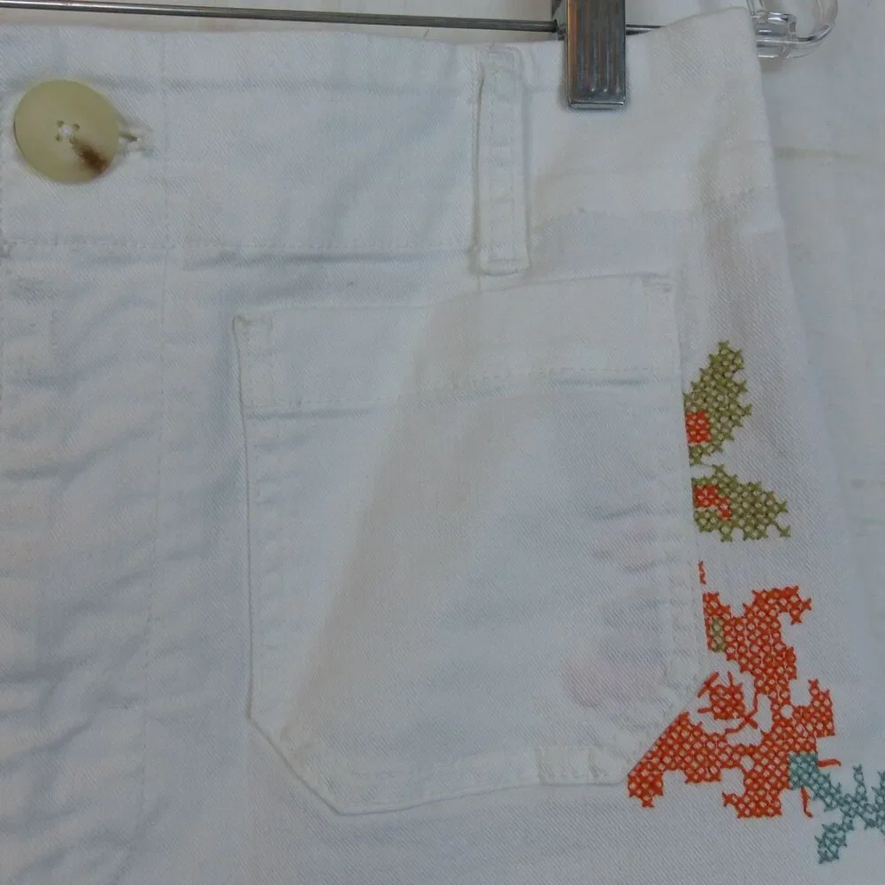 Maeve Anthropologie Colette Jeans 30 White Floral Embroidered Crop Wide Leg Boho